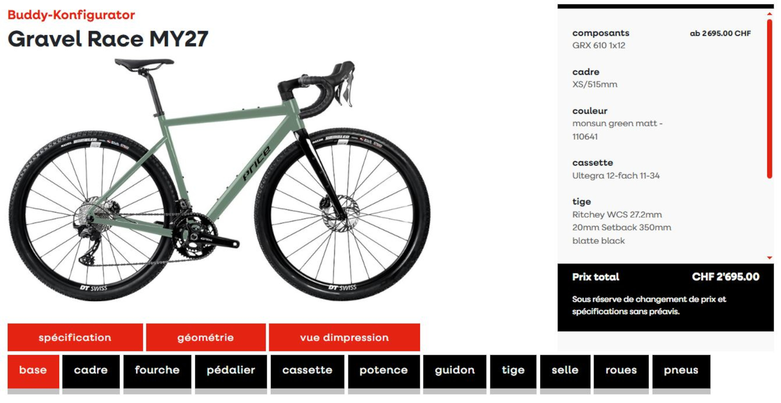 Configurateur de vélo avec le Gravel Race, aperçu des composants et prix